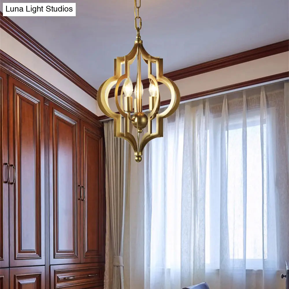 Traditional Gold Metal Hanging Candle Chandelier With Cage For Dining Room - 3 Bulbs 12.5/28 Wide