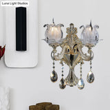 Traditional Gold Semi-Open Flower Frosted Glass Sconce For Living Room Wall.