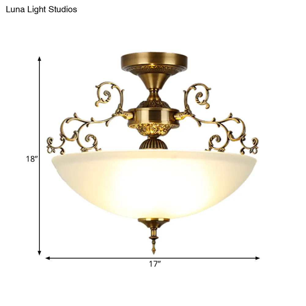 Traditional Gold Swirling Arm Ceiling Lamp With 3 Wide Bowl Lights 13’/17’ Semi Flush Mount