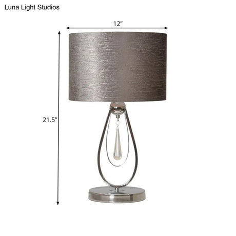 Traditional Grey Fabric Drum Desk Lamp With Metal Base - Ideal For Bedroom Reading