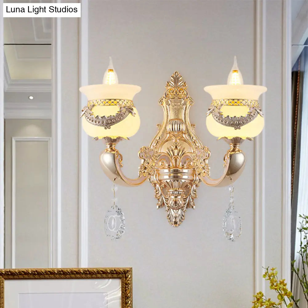 Traditional Jade Wall Sconce Lamp - Gold Candlestick Design With Dangling Crystals 1/2-Light Living