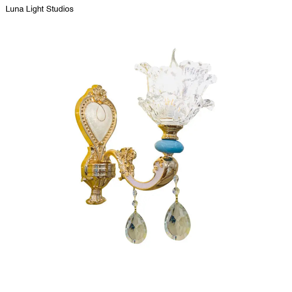 Traditional Layered Flower Wall Light Kit - Gold-Blue Clear Crystal 1/2-Head Lighting