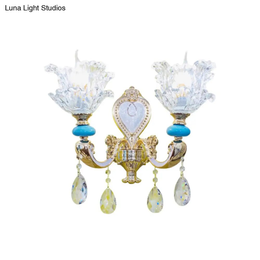 Traditional Layered Flower Wall Light Kit - Gold-Blue Clear Crystal 1/2-Head Lighting