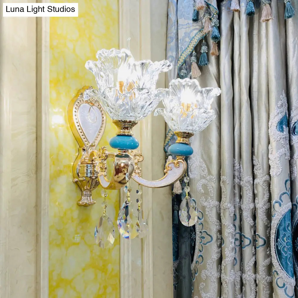 Traditional Layered Flower Wall Light Kit - Gold-Blue Clear Crystal 1/2-Head Lighting