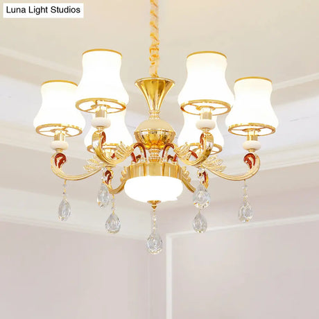 Traditional Living Room Chandelier With Crystal Draping - White Glass Bud Ceiling Lighting