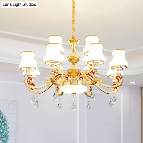 Traditional Living Room Chandelier With Crystal Draping - White Glass Bud Ceiling Lighting