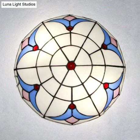 Traditional Loft Stained Glass Flush Mount Ceiling Light In Blue And White Blue-White / 12
