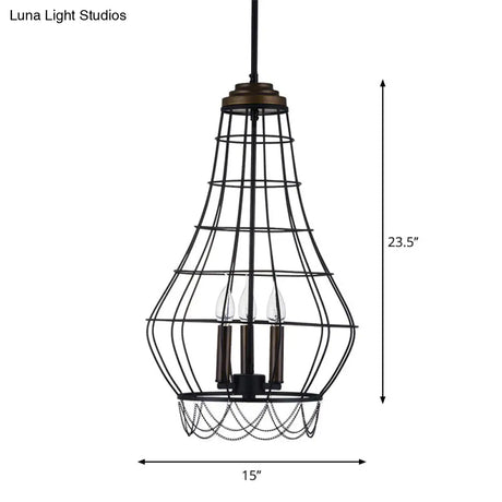 Traditional Metal Candle Chandelier - 3-Light Pendant Light With Cage For Living Room