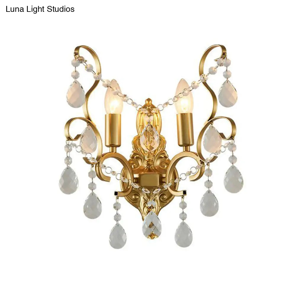 Traditional Metal Candle Wall Lamp With Crystal Swag Accent - 1/2-Light Living Room Mount Fixture
