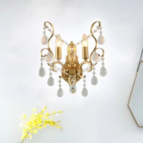 Traditional Metal Candle Wall Lamp With Crystal Swag Accent - 1/2-Light Living Room Mount Fixture 2
