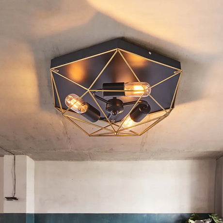 Traditional Metal Prism Cage Foyer Ceiling Light – Black Flush Mount Fixture With 3 Heads