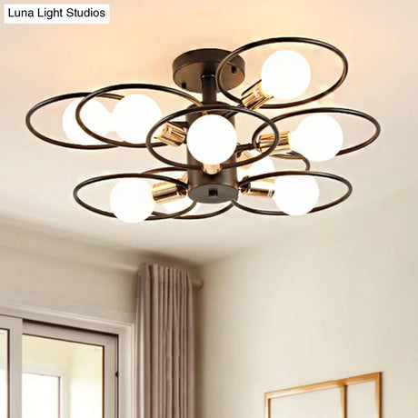 Traditional Metal Semi-Mount Ceiling Light Fixture Ring Bedroom Lighting 3/6/9 Lights Black