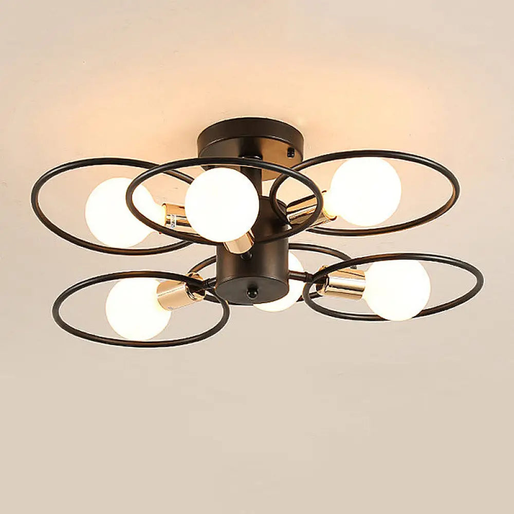 Traditional Metal Semi-Mount Ceiling Light Fixture Ring Bedroom Lighting 3/6/9 Lights Black 6 /