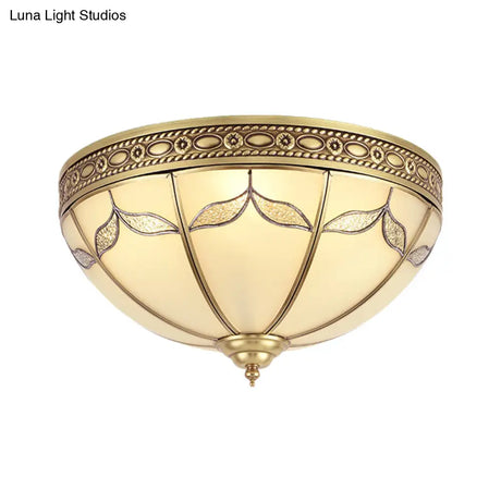 Traditional Milky Glass Bedroom Flushmount Light With Gold Ceiling Lighting - 3/4 Lights