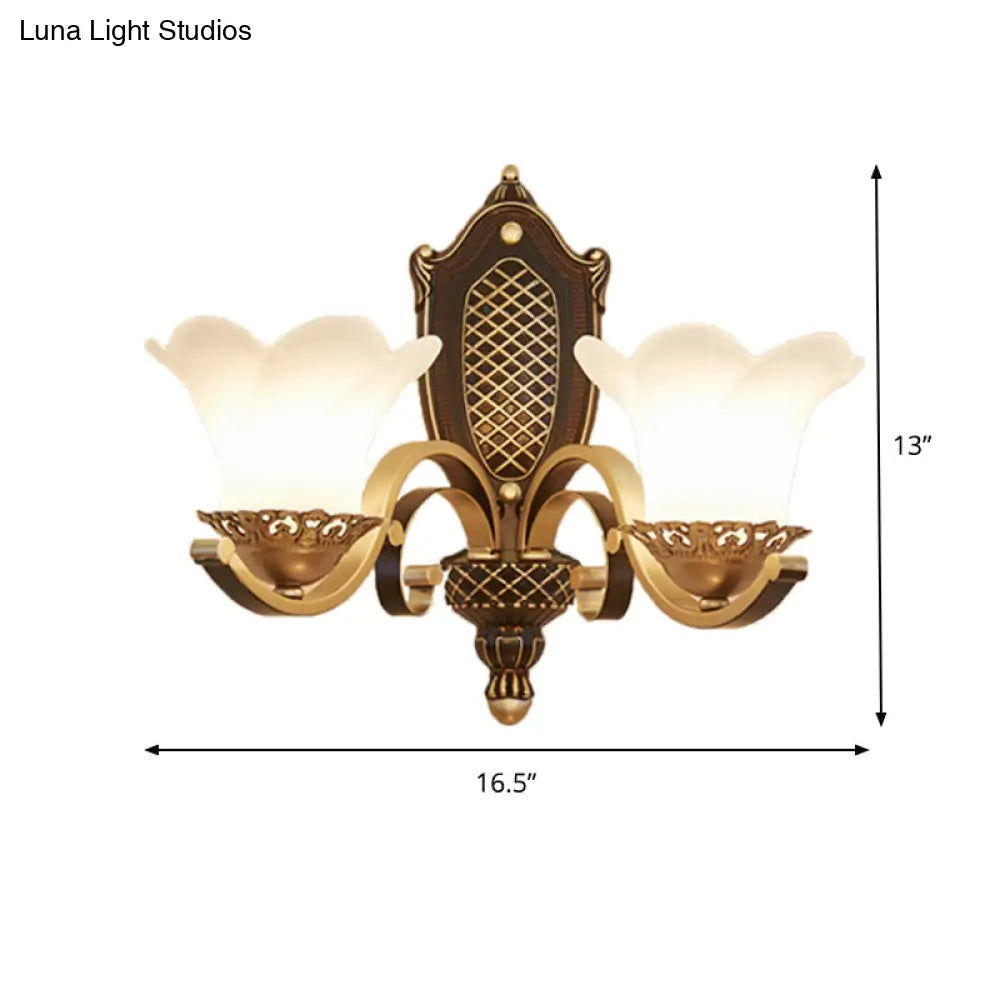 Traditional Opal Glass 2-Head Brass Wall Mount Bedroom Light With Curved Arm
