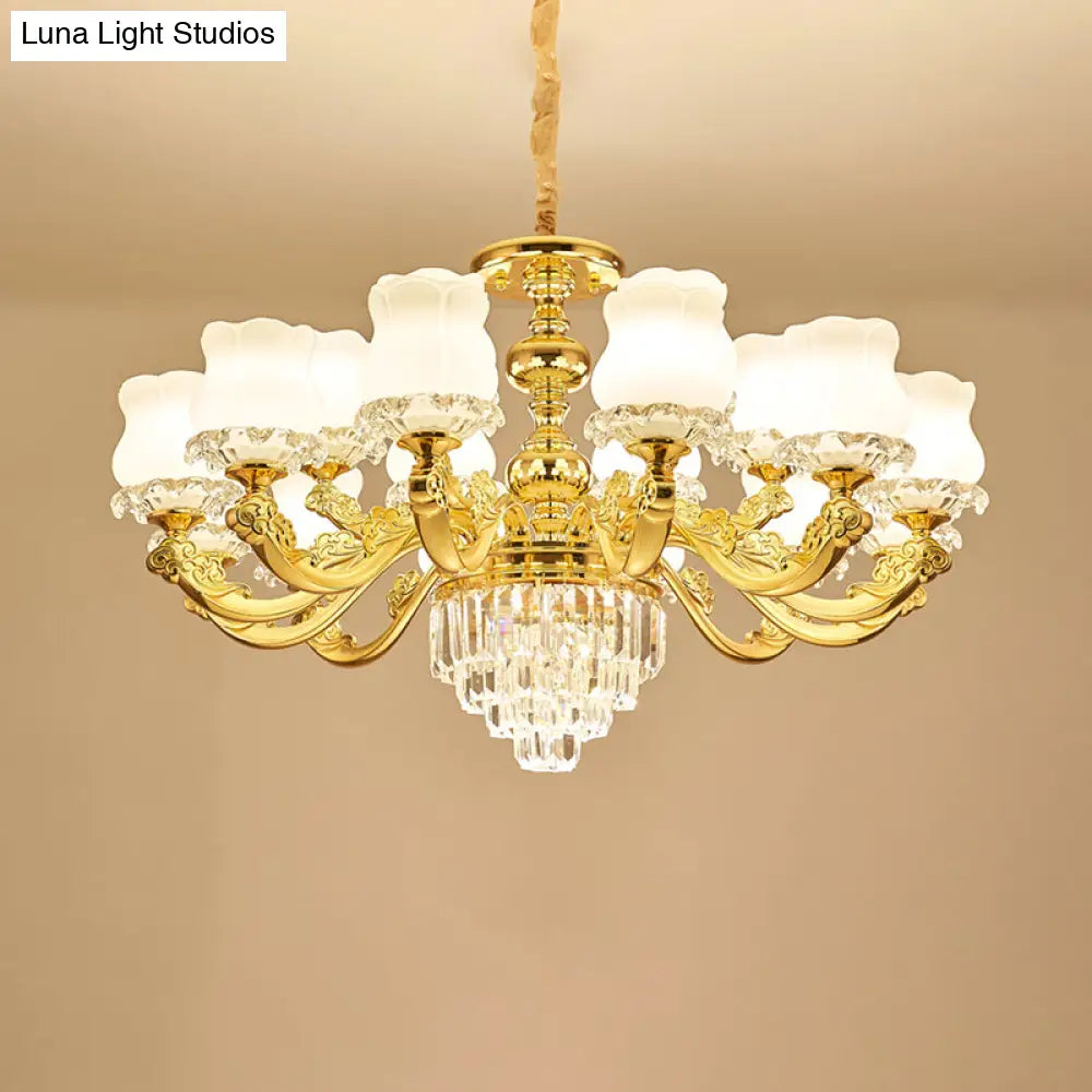 Traditional Opal Glass Gold Chandelier With Crystal Deco - Flower Restaurant Hanging Light Fixture
