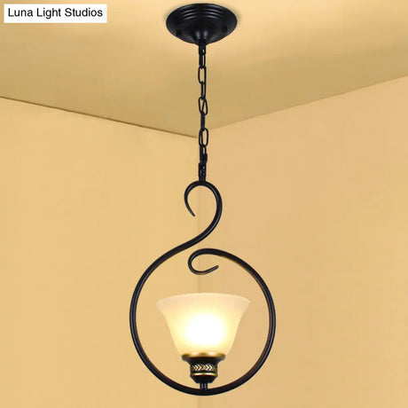 Traditional Opal Glass Hooded Pendant Light With Black Bell Shade - Dining Room Ceiling