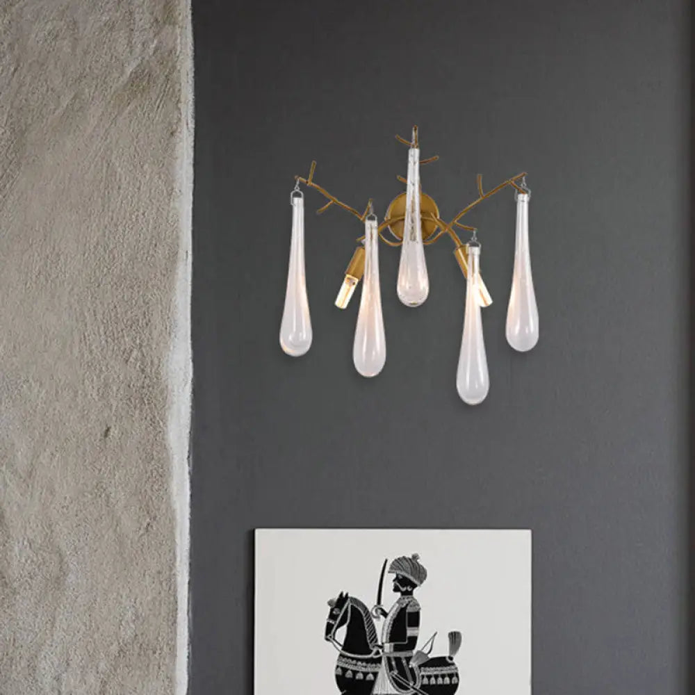 Traditional Raindrop 2-Head Wall Mount Lamp In Gold With Clear Glass - Sconce Light