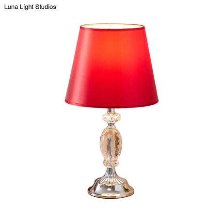 Traditional Red/Coffee/Flaxen Tapered Table Lamp With Fabric Shade And Beveled Crystal Blocks -
