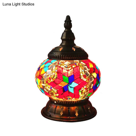 Traditional Red/Orange/Light Blue Stained Glass Nightstand Lamp For Bedroom