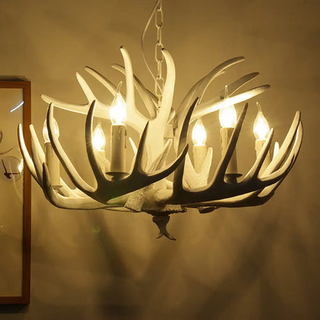 Traditional Resin Chandelier With Antler Design - White Candle Pendant Lamp (3/4/5 Lights) For
