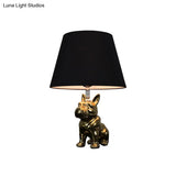 Traditional Resin Dog Nightstand Lamp For Bedroom - Silver/Gold 1 Head Conical Fabric Shade