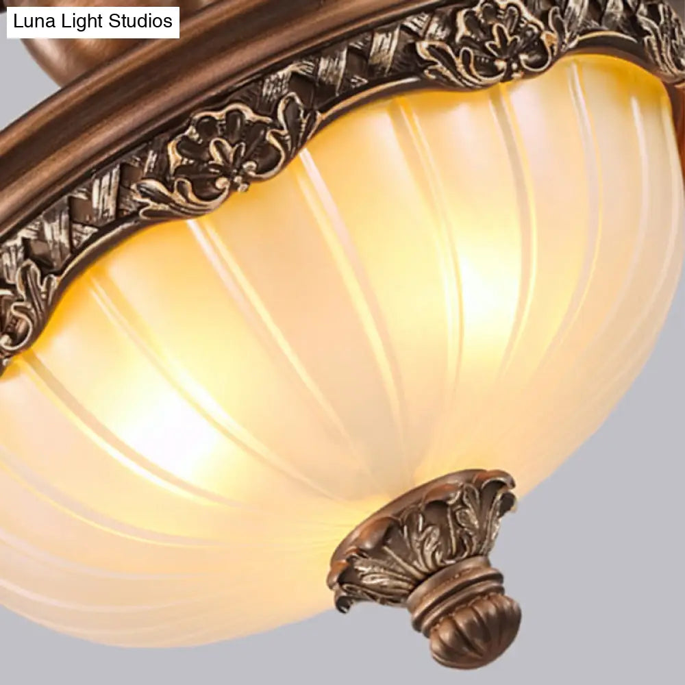 Traditional Rust Bowl Pendant Light With Frosted Textured Glass - 3 Chandelier For Bedroom