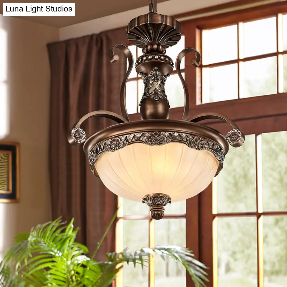 Traditional Rust Bowl Pendant Light With Frosted Textured Glass - 3 Chandelier For Bedroom