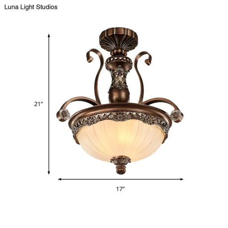 Traditional Rust Bowl Pendant Light With Frosted Textured Glass - 3 Chandelier For Bedroom