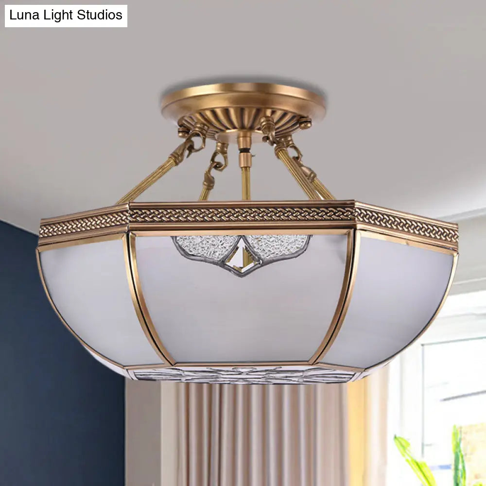 Traditional Semi Flush Brass Lamp With Milk Glass And 3 Bulbs For Living Room Ceiling