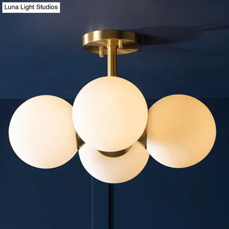 Traditional Semi-Flush Dining Room Ceiling Light With White Globe Glass Shade And Gold Finish