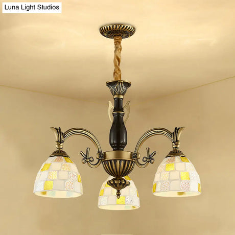 Traditional Shell Dome Suspension Lamp - Curved Arm 3-Light Pendant For Foyer