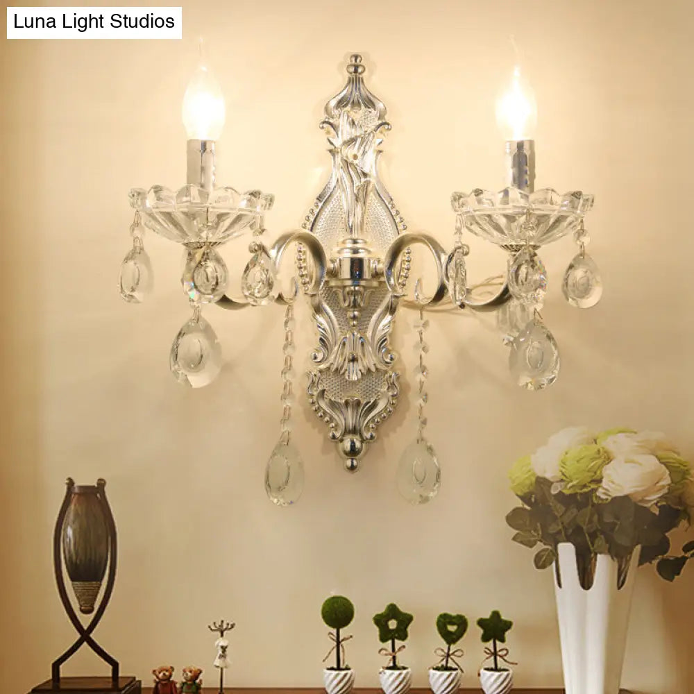 Traditional Silver Wall Lamp With 2 Light And Faceted Crystal Candelabra For Elegant Mounting