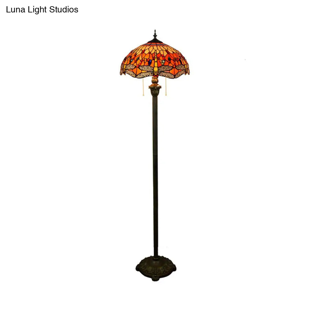 Traditional Stained Glass Dragonfly Standing Lamp With 2 Bulbs And Pull Chain - Floor Light In
