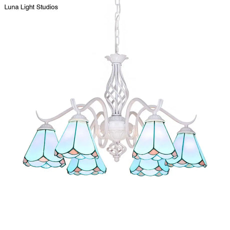 Traditional Stained Glass Pendant Chandelier With White Cone Finish In Blue/White
