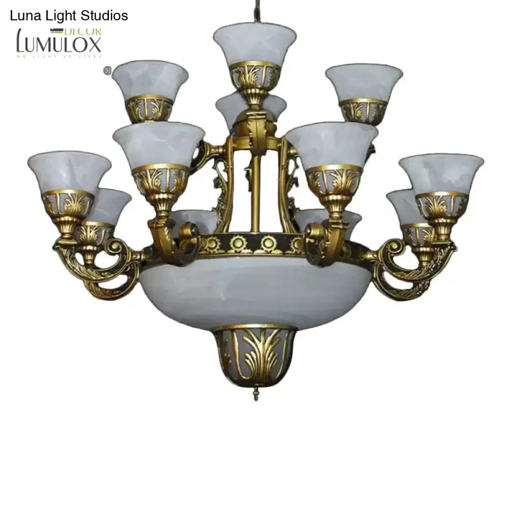 Traditional Style Bell Chandelier 15 Heads Alabaster Glass Up Hanging Ceiling Light In Brass