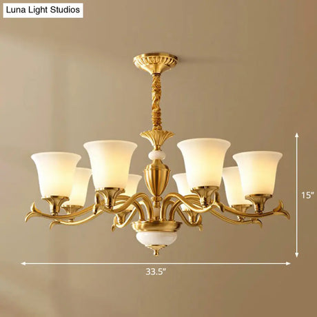 Traditional Style Cream Glass Chandelier: Flared Shaped Brass Suspension Light For Dining Room