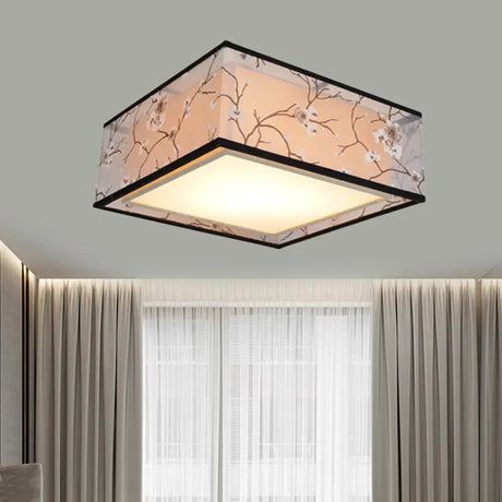 Traditional Style Fabric Square Flush Light - 4/5 Lights Ceiling Mount In White Various Sizes / 16’