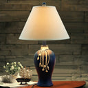 Traditional Style Flared Night Table Lamp In Blue For Living Room - Fabric Light With 1-Bulb