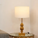 Traditional Style Wooden Desk Lamp With Gold Carvings Fabric Shade - Guest Room Nightstand Light