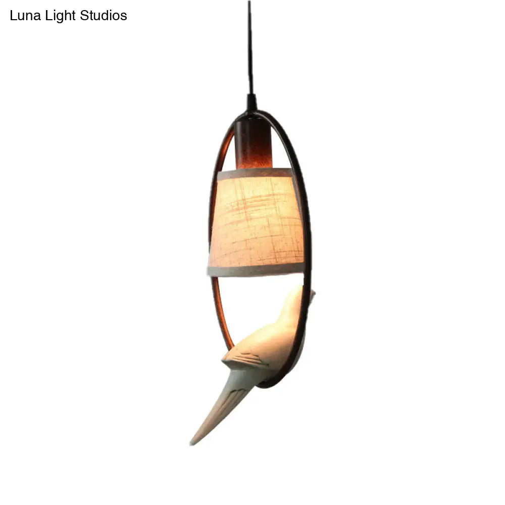 Traditional Tapered Fabric Pendant Light With Bronze Ring Frame - 1 Ceiling Hanging Fixture For