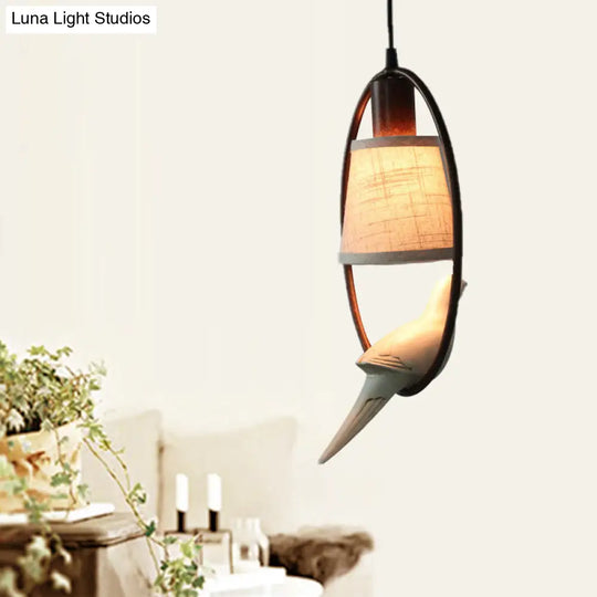 Traditional Tapered Fabric Pendant Light With Bronze Ring Frame - 1 Ceiling Hanging Fixture For