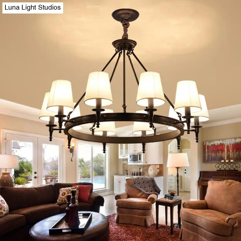 Traditional Tapered Pendant Chandelier - Fabric 3/6/8-Light Black Hanging Fixture With Wagon Wheel