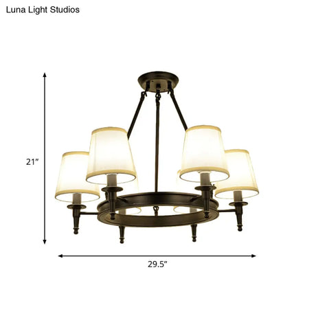 Traditional Tapered Pendant Chandelier - Fabric 3/6/8-Light Black Hanging Fixture With Wagon Wheel