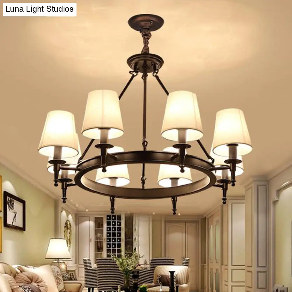 Traditional Tapered Pendant Chandelier - Fabric 3/6/8-Light Black Hanging Fixture With Wagon Wheel