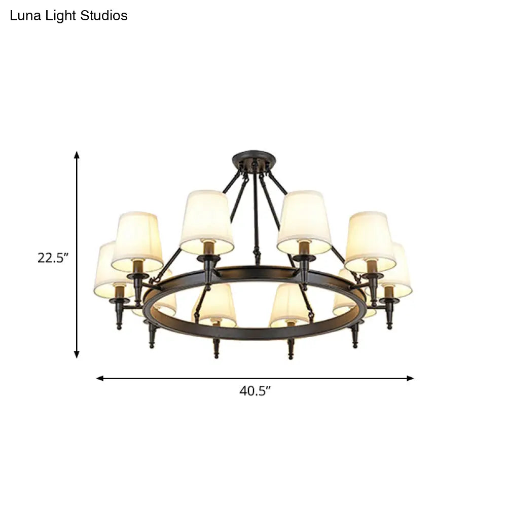 Traditional Tapered Pendant Chandelier - Fabric 3/6/8-Light Black Hanging Fixture With Wagon Wheel