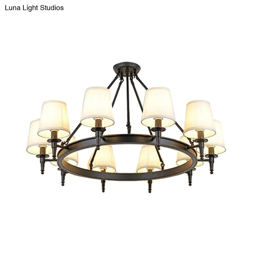 Traditional Tapered Pendant Chandelier - Fabric 3/6/8-Light Black Hanging Fixture With Wagon Wheel