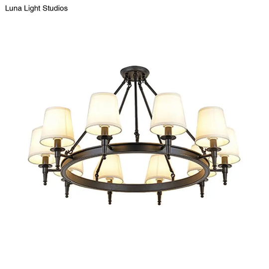 Traditional Tapered Pendant Chandelier - Fabric 3/6/8-Light Black Hanging Fixture With Wagon Wheel