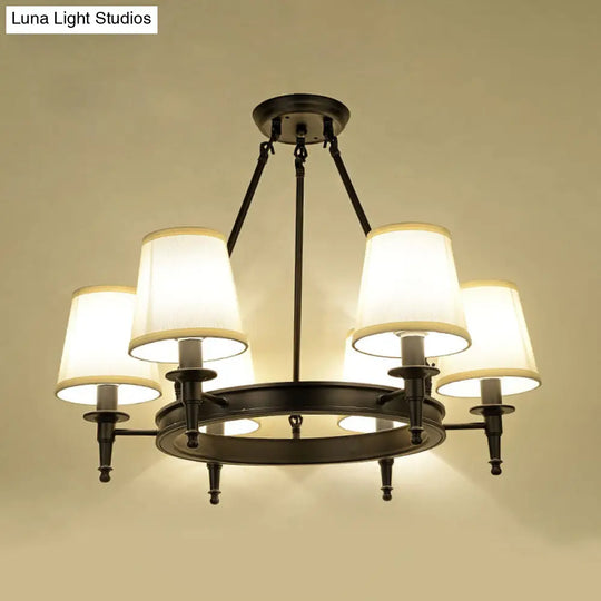 Traditional Tapered Pendant Chandelier - Fabric 3/6/8-Light Black Hanging Fixture With Wagon Wheel