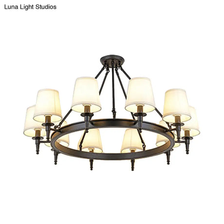 Traditional Tapered Pendant Chandelier - Fabric 3/6/8-Light Black Hanging Fixture With Wagon Wheel